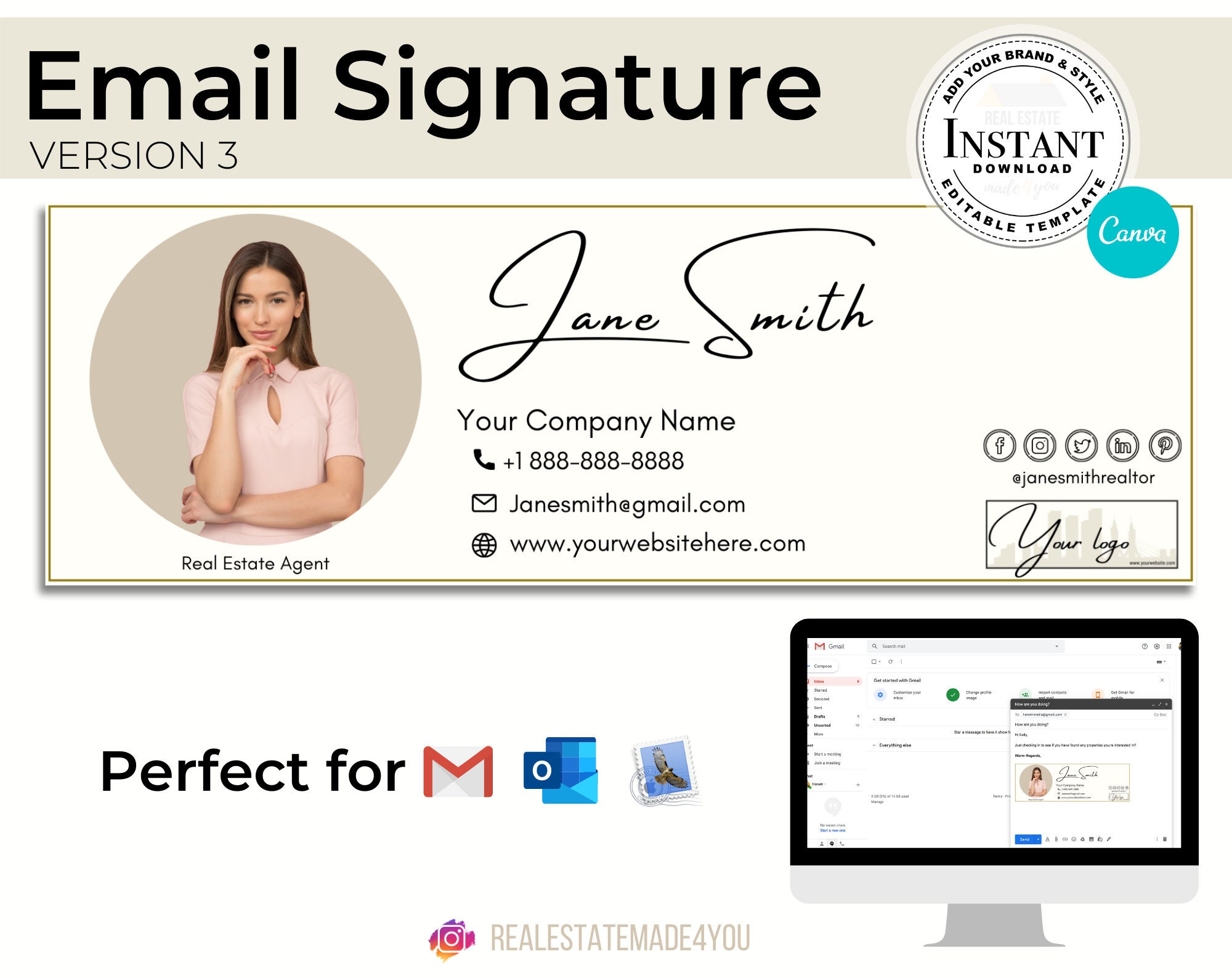 Email signature v3 editable in canva custom gmail signature etsy