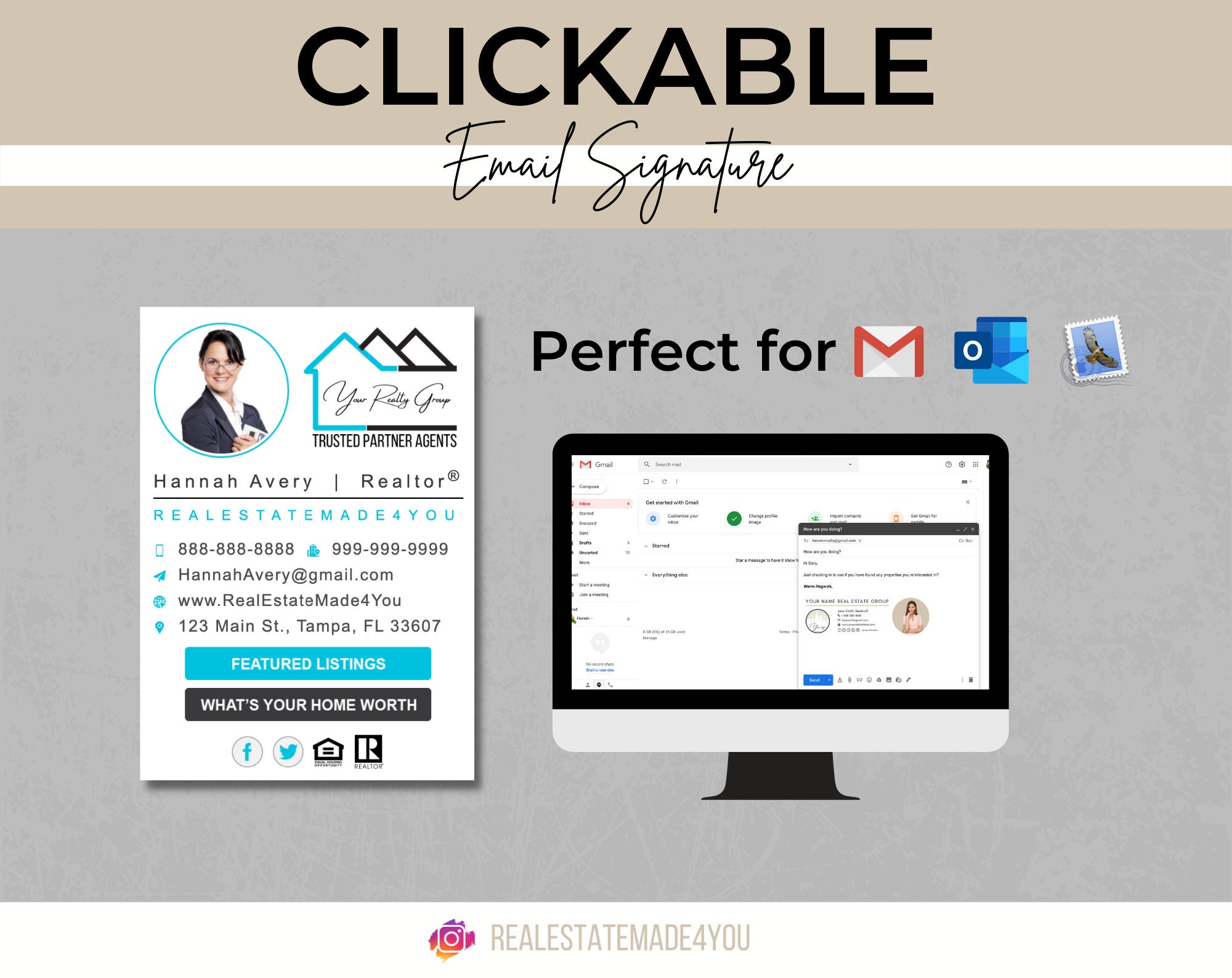 Clickable Email Signature V4, Custom Gmail Signature, Real Estate Marketing, Customizable HTML Email Signature