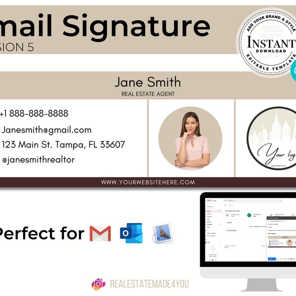 Email Signature V5, Editable in Canva, Custom Gmail Signature, Real Estate Marketing, Fully Customizable PNG Email Signature