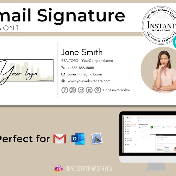 Email Signature, Editable in Canva, Custom Gmail Signature, Real Estate Marketing, Fully Customizable PNG Email Signature