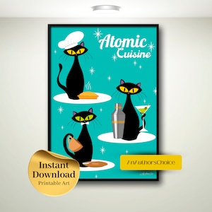 Op de afbeelding: Een turquoise blauwe achtergrond met drie zwarte katten in verschillende poses. De bovenste kat draagt een koksmuts en houdt een taart vast. De middelste kat houdt een martini-glas en een cocktailshaker vast. De onderste kat houdt een kopje koffie vast. De tekst "Atomic Cuisine" staat in witte letters op de achtergrond.