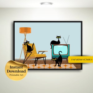 Cat Lounge digital download, Mid Century Modern Wall Art, Cat Lover Art, Vintage Cat Art, Retro Cat, Sitting Room Art, Living Room Art