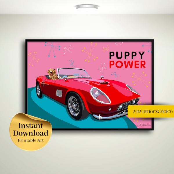 Puppy Power digital download, Mid Century Modern Wall Art, Dog Lover Art, Classic Car, Dog Art Print, Retro Art, Vintage Style, printable