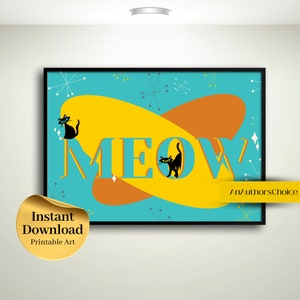 Mid Century Modern Cat Art Print, Retro Meow Design (Digital Download)
