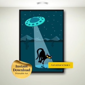 May include: A black cat with yellow eyes looks up at a flying saucer with a blue light shining down on it. The scene is set against a dark blue night sky with stars and a distant mountain range.