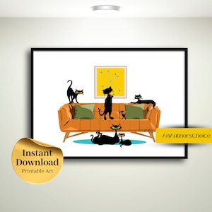 Mid Century Modern Couch Cats Art Print, Retro Home Decor (Digital Download)