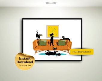 Puede incluir: Una ilustración digital de cinco gatos negros sentados en un sofá naranja con un patrón geométrico amarillo y azul en la pared detrás de ellos.