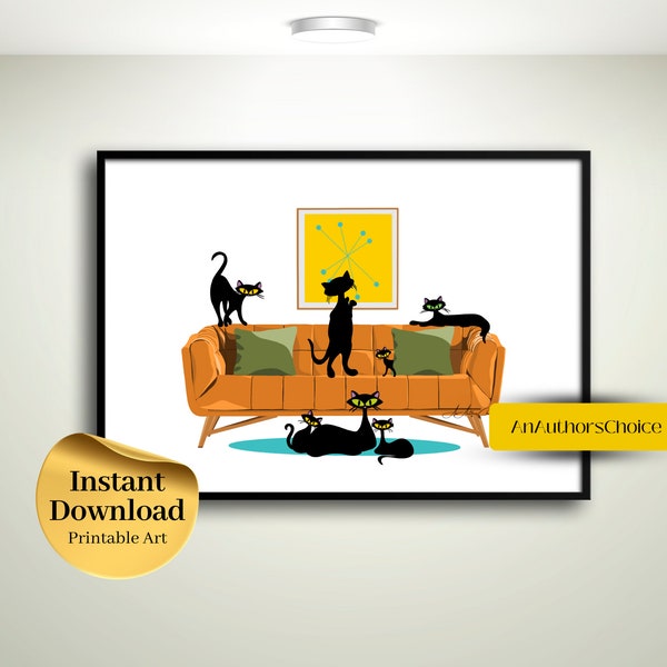 Couch Cats digital download, Mid Century Modern Wall Art, Cat Lover Art, Vintage Cat Art, Retro Cat, Sitting Room Art, Living Room Art, Meow