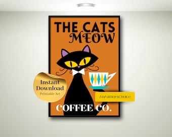 Lámina de café con diseño de gato moderno de mediados de siglo, arte de cocina retro (descarga digital)