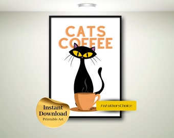 Puede incluir: Un gato negro con ojos amarillos se sienta en una taza de café marrón. El texto "CATS COFFEE" está escrito en letras naranjas sobre el gato. La imagen es una impresión de arte imprimible.