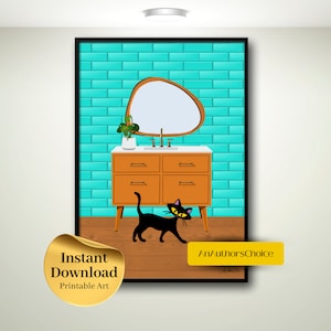 Atomic Bathroom Cat Digital Download, Mid Century Modern Wall Art, Cat Lover Art, Bathroom Art, Black Cat, Retro Art, Vintage Style, MCM Art