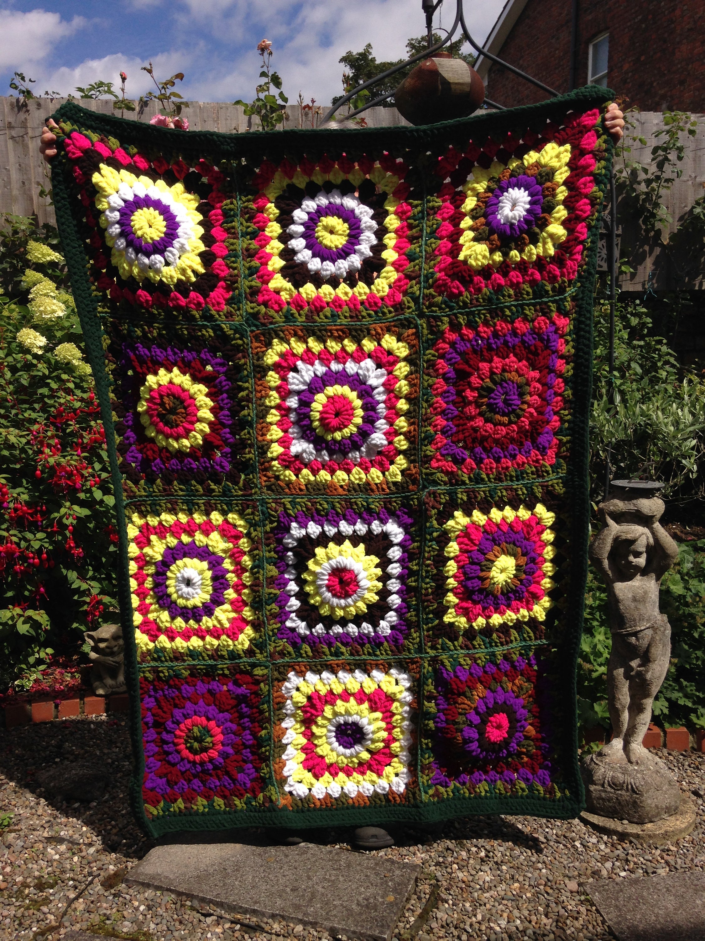 Chunky Chenille Crochet Granny Square Throw Green Pink Yellow Etsy