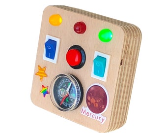 Mini Montessori Baby Toy Travel Busy board for toddler with LED light switch and compass || Handmade Gift for Toddlers