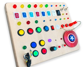 Timemachine Fidgetboard Handmade Montessori Busy Board for Button obsessed kids with many buttons, lights and switches gift for toddlers