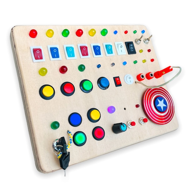 Timemachine Fidgetboard Handmade Montessori Busy Board for Button obsessed kids with many buttons, lights and switches gift for toddlers