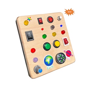 Disrerk LED Light Switch Busy Board Montessori Toy Button Busy Board Kids Wooden Control Panel Kids Toy Activity Sensory Board Fidget Toy for Toddlers