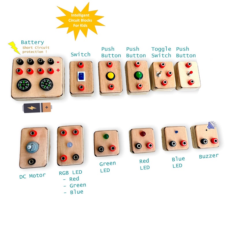 Puede incluir: Un conjunto de bloques de circuitos de madera para ni&ntilde;os, que incluyen una bater&iacute;a, un interruptor, botones pulsadores, un interruptor de palanca, un motor de CC, un LED RGB, un LED verde, un LED rojo, un LED azul y un zumbador. Los bloques est&aacute;n etiquetados con sus funciones respectivas.