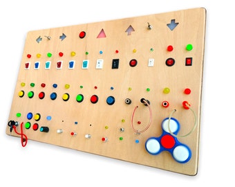 Mega Montessori Baby Toy Wooden Wall Busy Board for Toddlers with a lot of buttons, switches and lights. || Handmade gift for Kids & Toddler