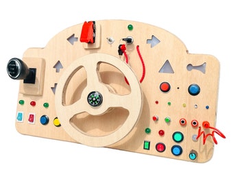 Wooden Car Simulator Busyboard with Steering Wheel Signal Lights Honk and Gear Lever || Montessori Toddler Educational Toy Bus Control Panel