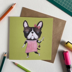 Cartão de felicitações ilustrado para cachorro de buldogue francês de festa - interior em branco para qualquer ocasião - impresso em cartão reciclado