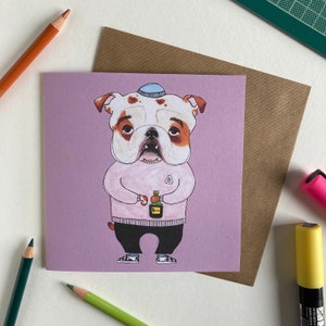 Cartão ilustrado de felicitações para cães Party Bulldog – Interior em branco para qualquer ocasião – Impresso em cartão reciclado