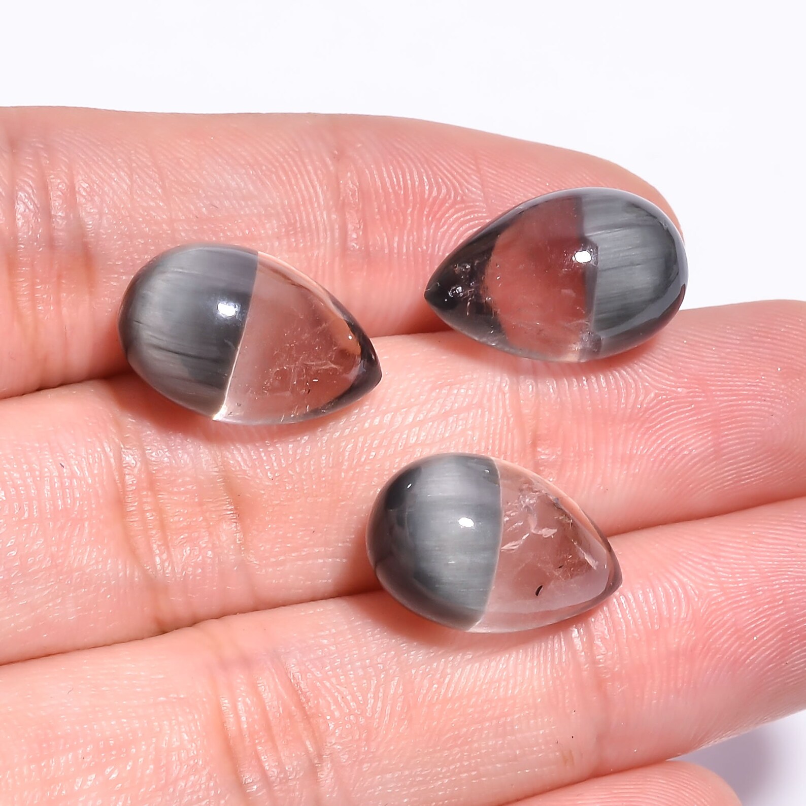 Natural Quartz Cat's Eye Unique Piece Gemstone 3 Piece Pair, Shape