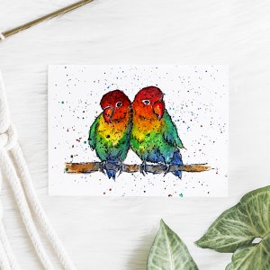 Tweet hearts! Colourful love bird watercolour anniversary card, handmade, watercolour and ink, anniversary card, new home card, love