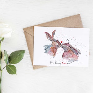 Some bunny loves you! Karta rocznicowa, karta walentynkowa, ręcznie robiona, akwarela i tusz, karta urodzinowa, wysyłanie kartki z pozdrowieniami miłosnymi