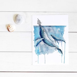 Eine tolle Zeit! Lustige Wal und Boot Grußkarte, handgemacht, Aquarell und Tusche, Tiefseekreaturen, Unterwassertiere