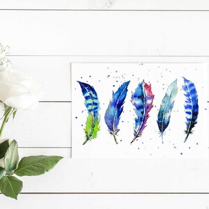 ¡Todo lo que tienes que hacer es volar! Hermosa tarjeta de felicitación de plumas, hecha a mano, acuarela y tinta, tarjeta en blanco, impresión de arte, tarjetas de hermosas plumas