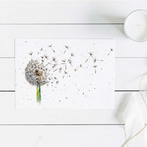 Doe een Wens! Paardebloem bloem wenskaart, handgemaakt, aquarel en inkt, aquarel bloem wenskaart, kunstprint, gelukskaart