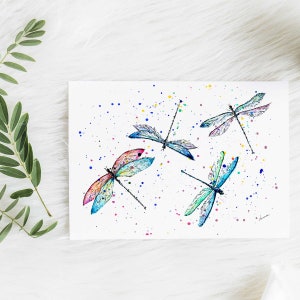 Let your dreams take flight! Beautiful dragonfly greeting card, handmade, watercolour and ink, blank card, art print, dragonflies card