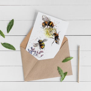 Fleißige Bienen! Biene Aquarell Grußkarte, handgemacht, Aquarell und Tinte, leere Karte, fleißige Biene Karte, bunte Karte mit Bienen und Blumen