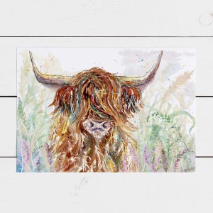 Och aye de moo! Rommelige highland koe wenskaart, handgemaakt, aquarel en inkt, mooie koe