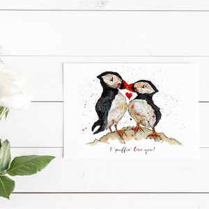 ¡Te amo frailecillo! Tarjeta de aniversario, tarjeta del día de San Valentín, hecha a mano, acuarela y tinta, te extraño, lindos frailecillos, tarjeta de cumpleaños