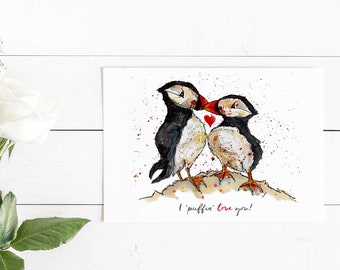 I puffin love you! Anniversary card, Valentine's Day card, handmade, watercolour and ink, miss you, cute puffins, Birthday card