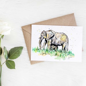 Je t'aime une tonne ! Carte de voeux bébé éléphant, fait main, aquarelle et encre, carte fête des mères, nouveau bébé, félicitations
