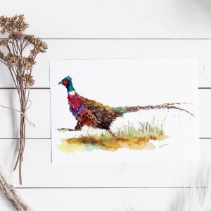 Verleden, Fazant & Toekomst! Mooie lopende fazant wenskaart, handgemaakt, aquarel en inkt, blanco kaart, kleurrijk landschap