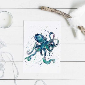 Tentiamo le coccole! Biglietto d'auguri di polpo, fatto a mano, acquerello e inchiostro, carta bianca, creature del mare profondo, animali sottomarini