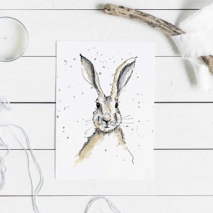 Lièvre aujourd'hui ! Carte de voeux aquarelle lièvre doux, fait main, aquarelle et encre, lapin doux, carte animal, pépinière, nouvelle carte bébé