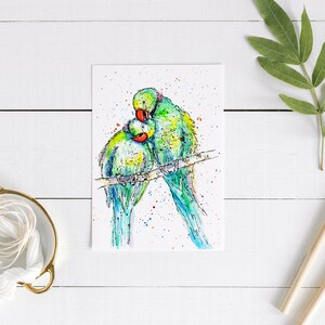 Les perruches de Mme L ! Carte de voeux d'amour de perruche, fait main, carte d'oiseau, aquarelle et encre, carte d'anniversaire, nouvelle carte à la maison, carte d'amour