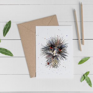 Brutti capelli, non importa! Divertente biglietto di auguri emu, fatto a mano, acquerello e inchiostro, capelli bloccati, carta bianca, carta animale divertente