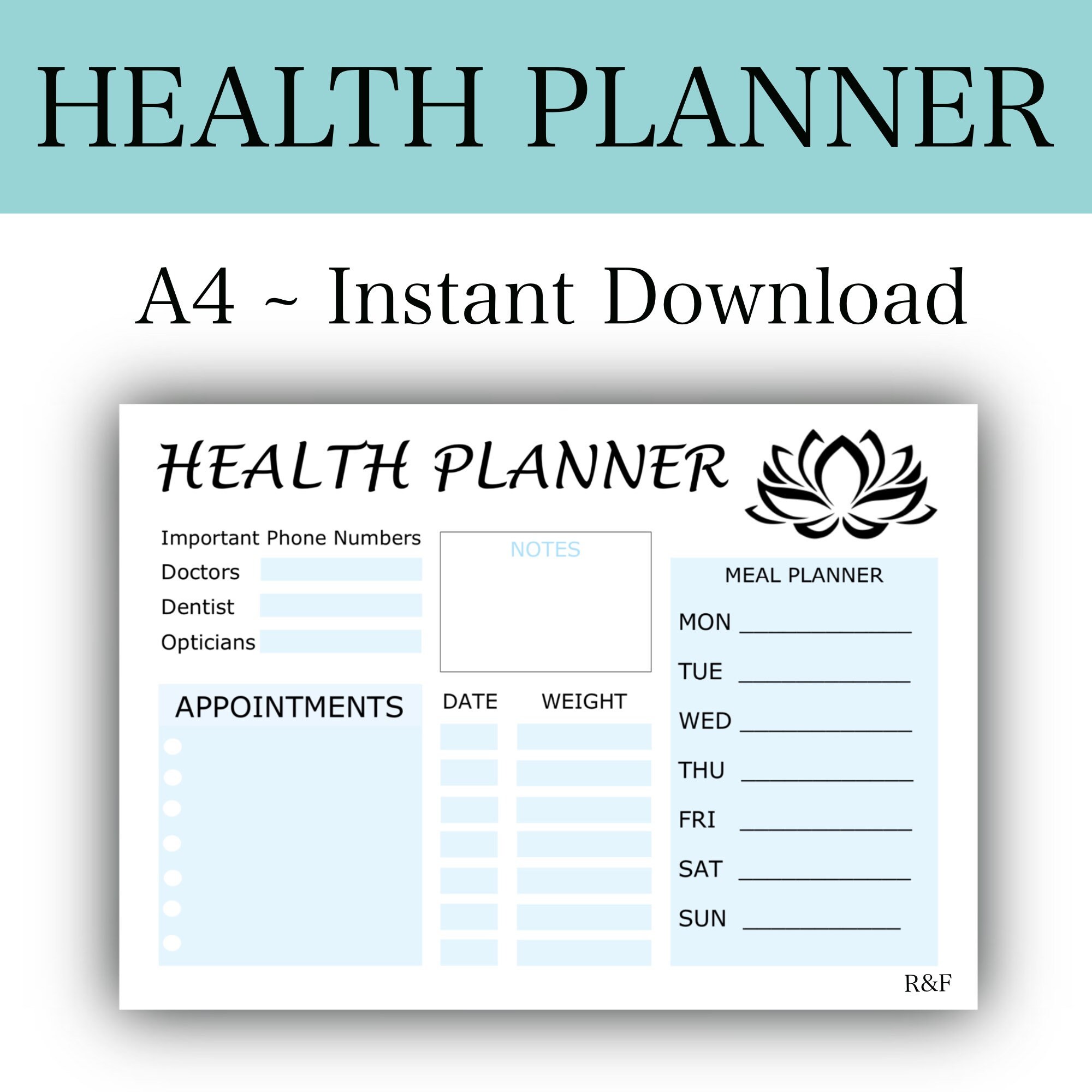 Printable Health Planner A4 Landscape Instant Download Etsy