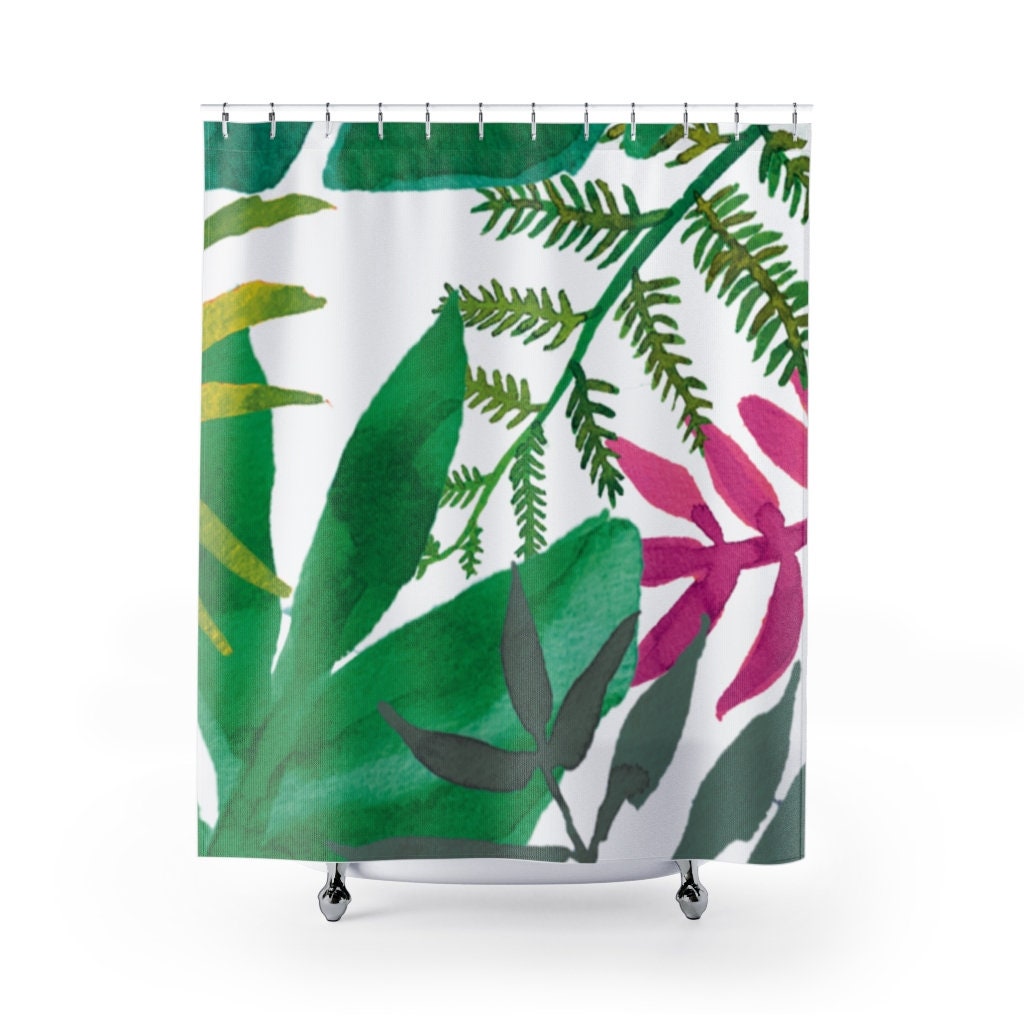 Tropical Shower Curtains White Palm leaves Ferns Etsy