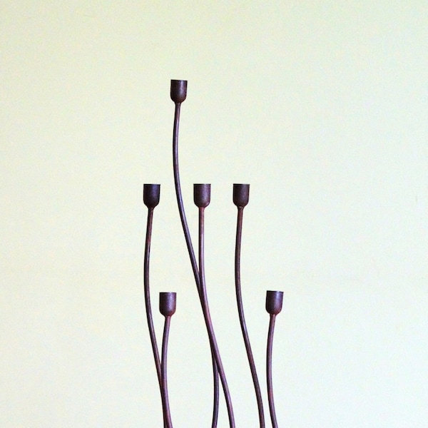 Vintage Brutalist/Harry Bertoia Style Cast Iron Floor Candelabra With Six Rods And Square Base, 47", ca 1960s