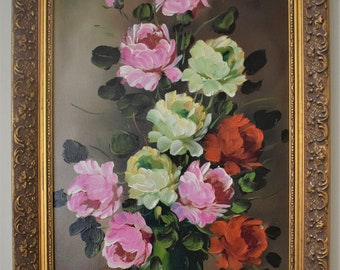 Mid Century Floral Still Life  Oil On Canvas by Bindi  Framed 24 x 12