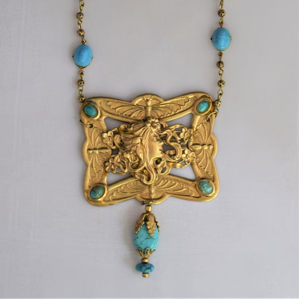 Antique French Fin de Siecle Gilt Brass Sautier Necklace With Mucha Maiden, Turquoise And Czech Glass Scarab Cabochons 20"