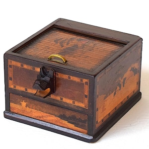 Early 20th Century Japanese Landscape Inlay Cigarette Dispense With Carved Scottish Terrier And Tambour Lid, 4 x 4 x 2 3/4,