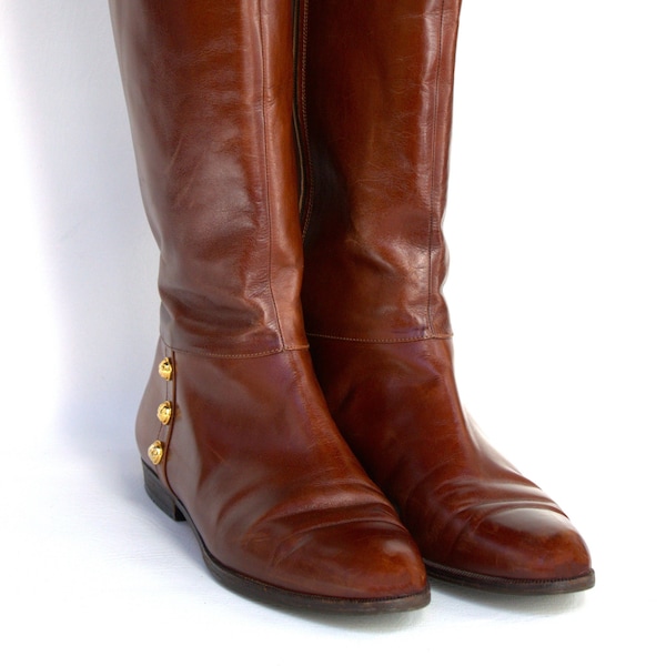 Vintage Ferragamo Brown Leather Zip Up Riding Boots, Size 7.5