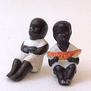 Black Americana Bisque Miniatures With Watermelon, Pair Of Two, Ca 1930, 1 1/2&quot;